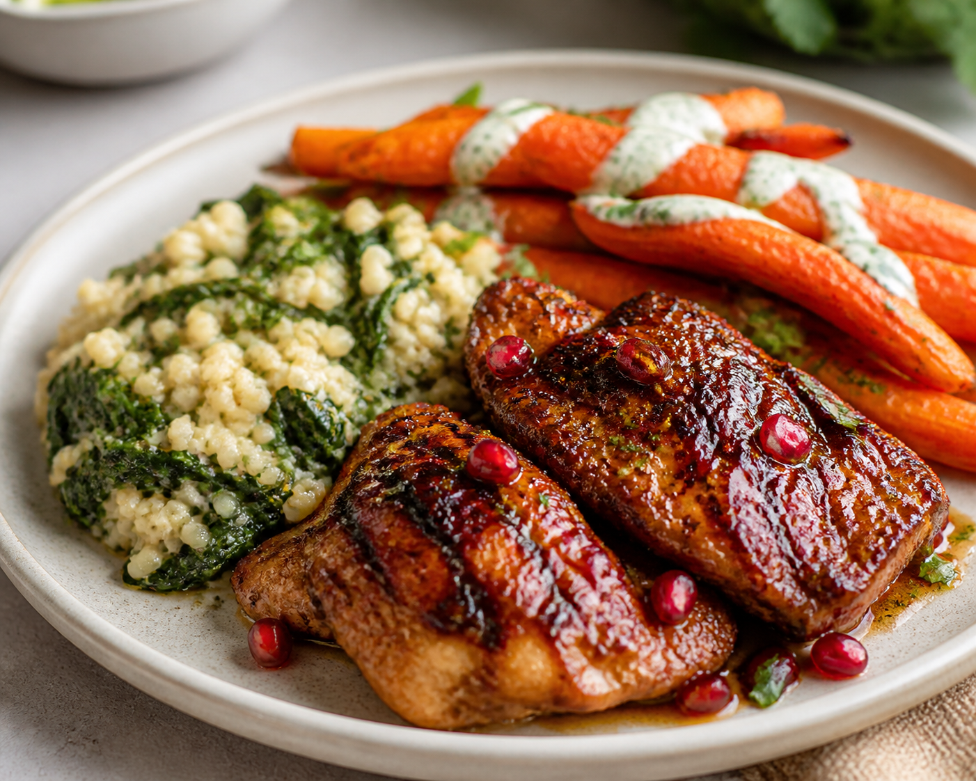 Pomegranate-Cumin Glazed Chicken with Creamy Spinach Bulgur and Herb Yogurt Roasted Carrots