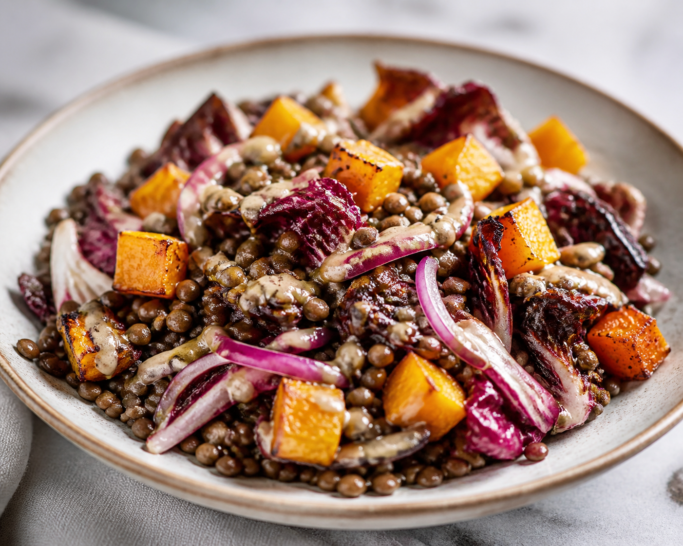 Warm Brown Lentil Salad with Maple-Roasted Squash, Seared Radicchio, and Creamy Tahini Orange Dressing