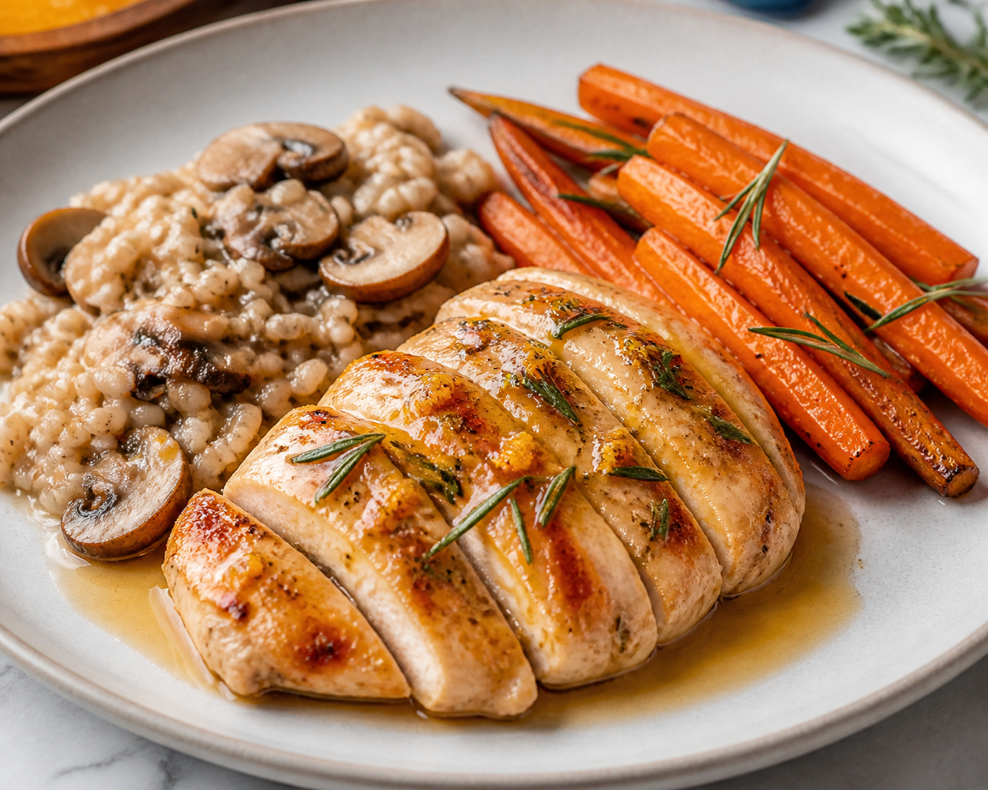 Pollo al horno con mantequilla de naranja y romero, farro meloso de champiñones y zanahorias glaseadas