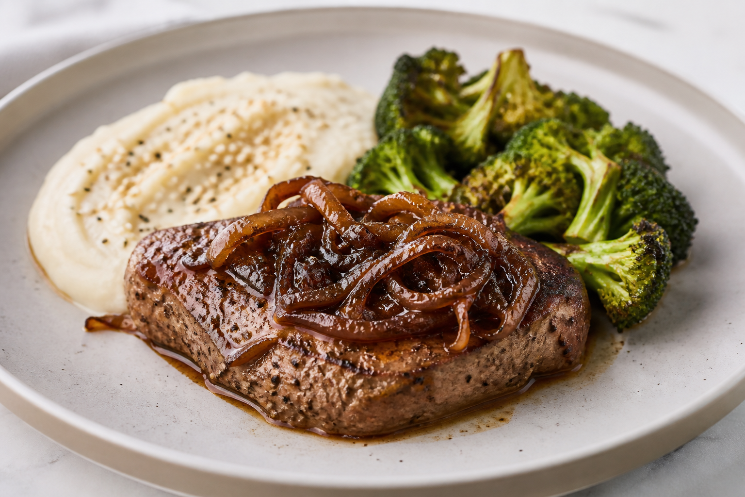 Bistec de Res con Salsa de Cebolla Caramelizada al Jerez, Puré de Coliflor y Ajonjolí, y Brócoli Rostizado