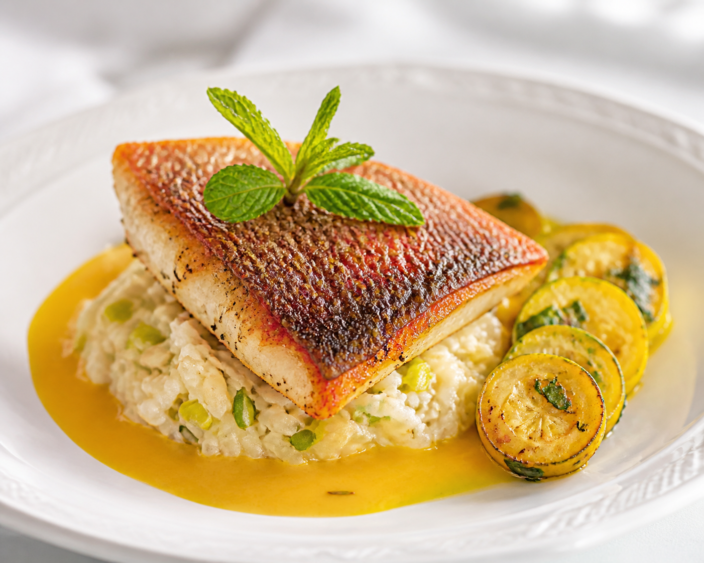 Pargo crujiente con velouté de azafrán y naranja, arroz meloso de puerro y almendra, y calabacines dorados a la menta
