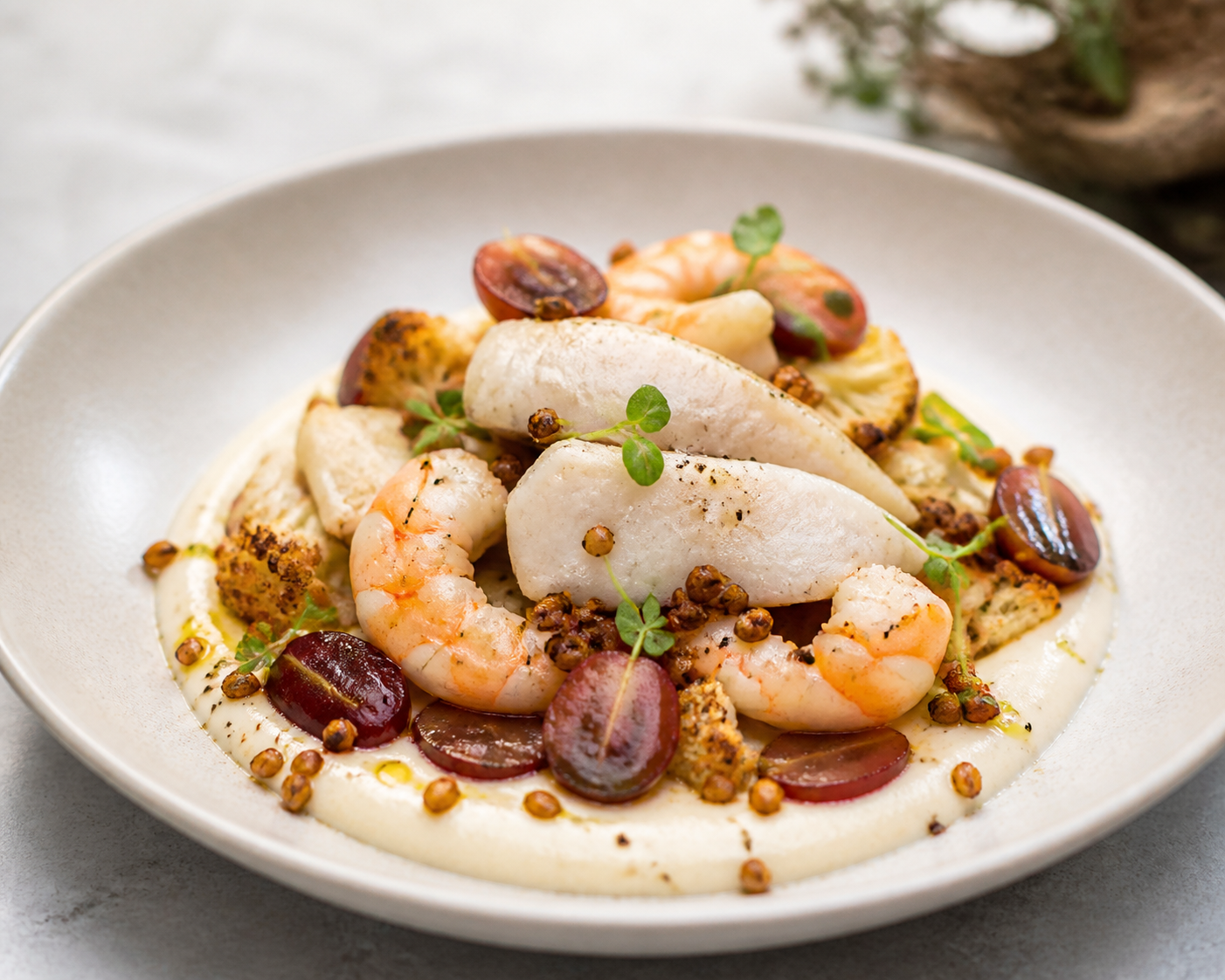 Cazuela de Merluza y Langostinos con Crema de Coliflor Tostada, Uvas Salteadas y Trigo Sarraceno Crujiente