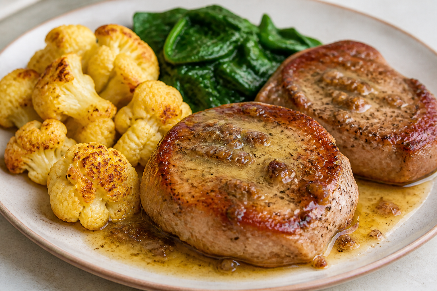 Chuletas Keto de Cerdo en Salsa de Mantequilla de Anchoa y Limón con Coliflor Dorada y Espinaca
