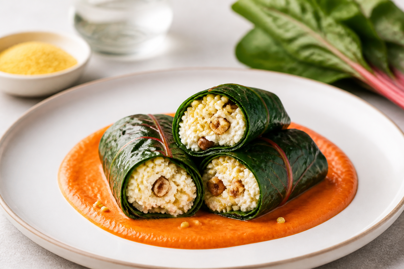 Swiss Chard Rolls Filled with Ricotta, Lemon Millet and Walnut over Creamy Roasted Pepper Sauce
