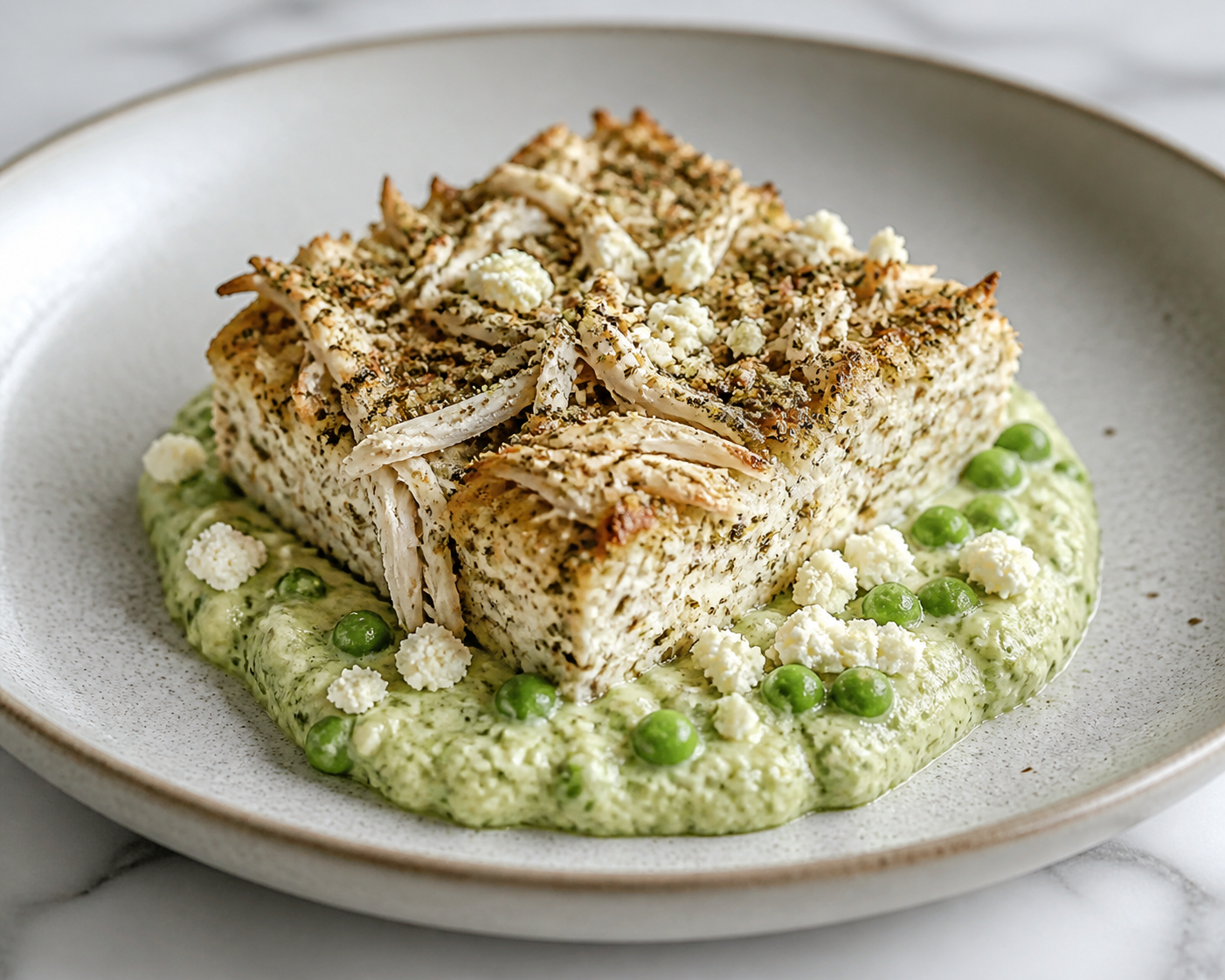 Zaatar chicken and egg white bake with warm pea-feta cream