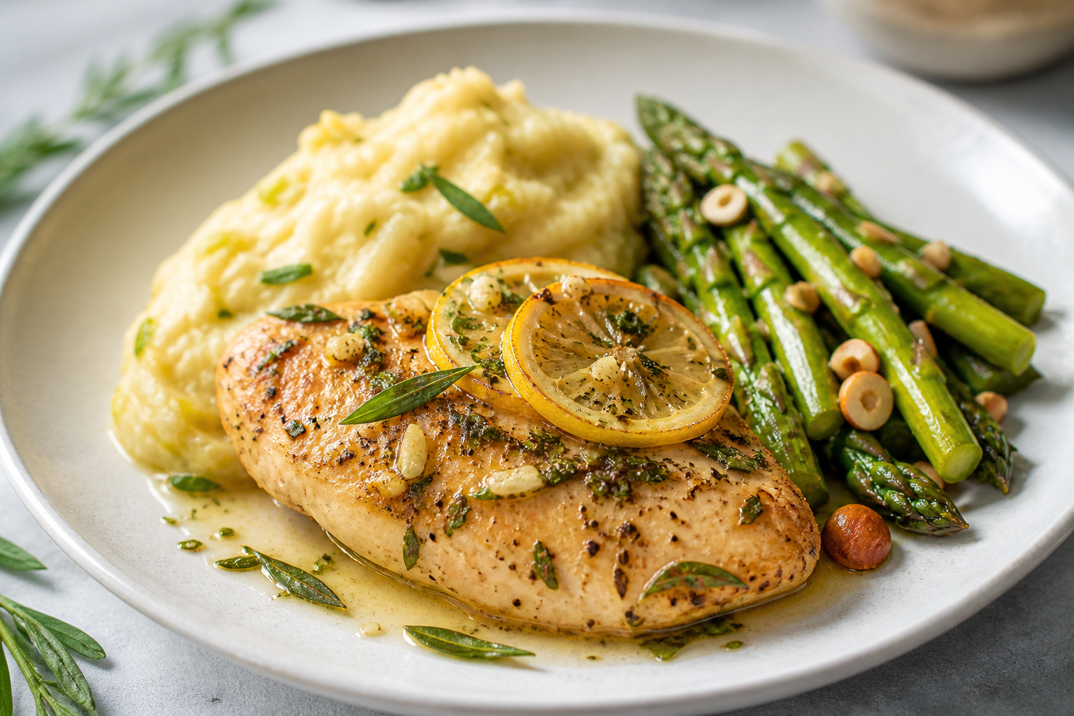 Tarragon Lemon Chicken with Creamy Rutabaga-Leek Mash and Hazelnut Sautéed Asparagus