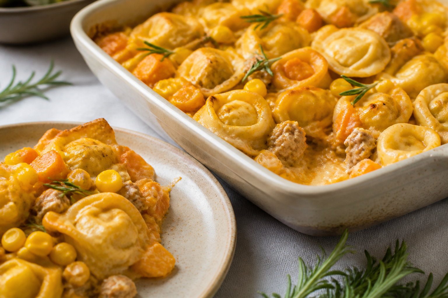 Family-Style Tortellini Bake with Rosemary Turkey, Toasted Corn, and Creamy Carrot Sauce