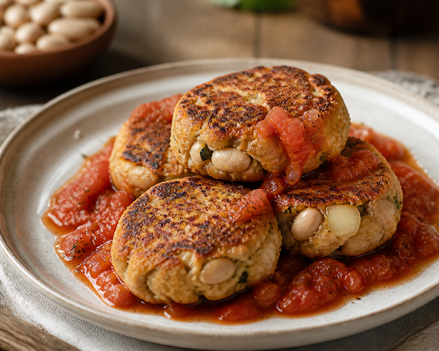Budget Savory Potato, Onion and White Bean Cakes with Rustic Tomato Sauce
