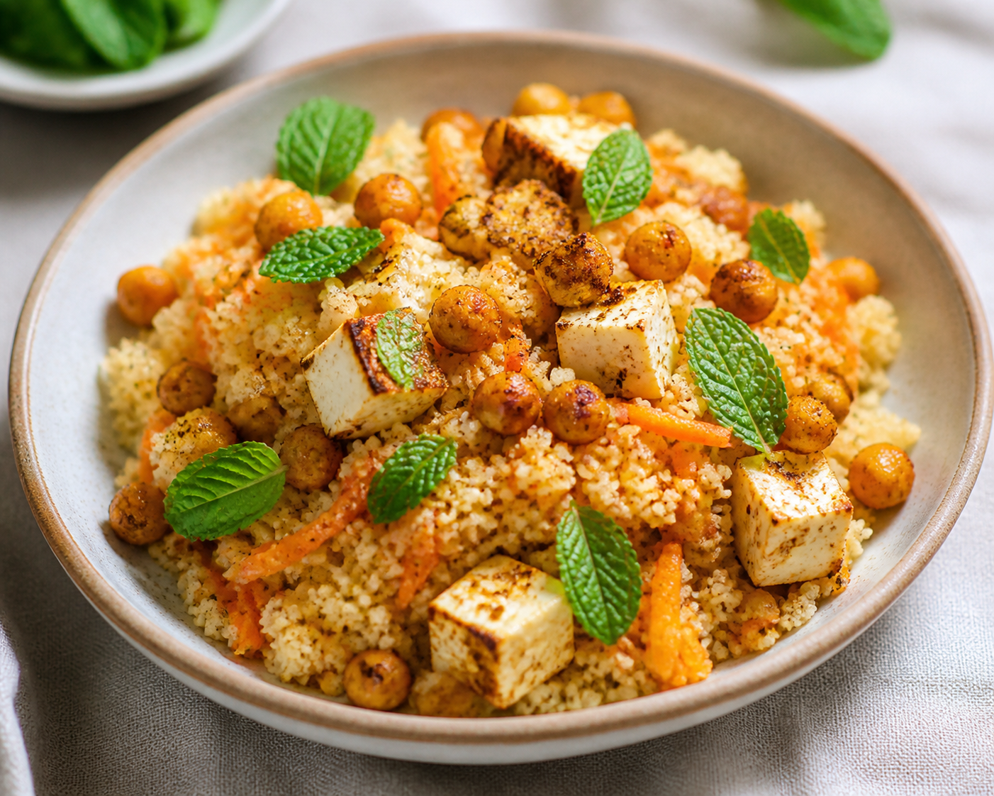 Cuscús exprés de zanahoria y comino con feta dorada, garbanzos crujientes y menta