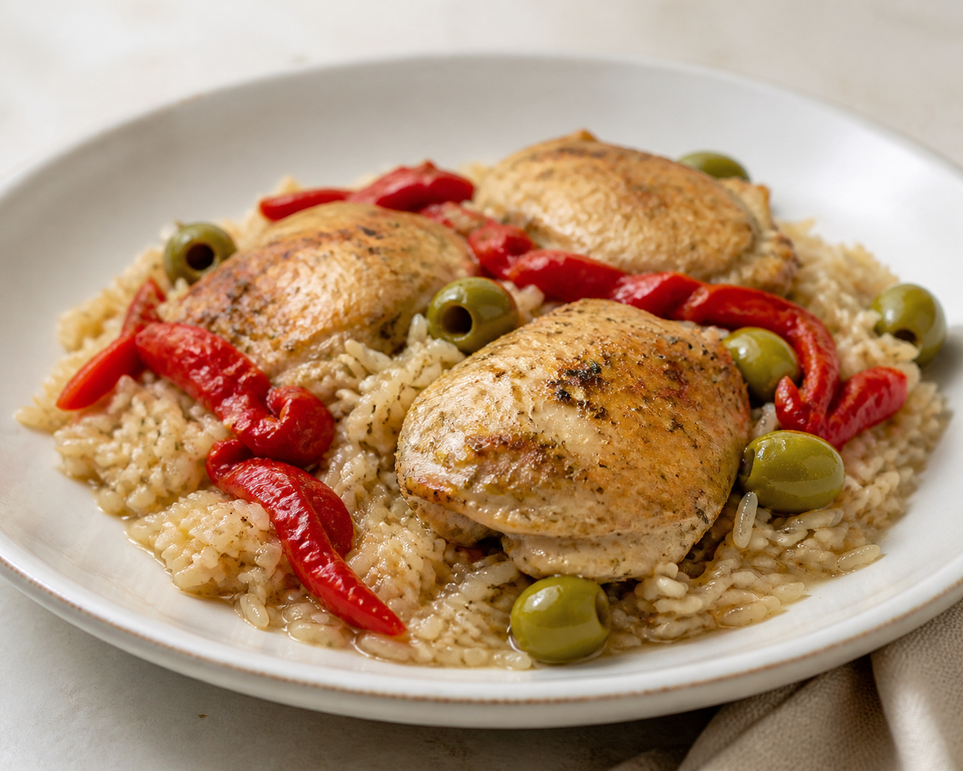 Instant Pot Chicken with Roasted Peppers, Green Olives, and Creamy Almond Rice