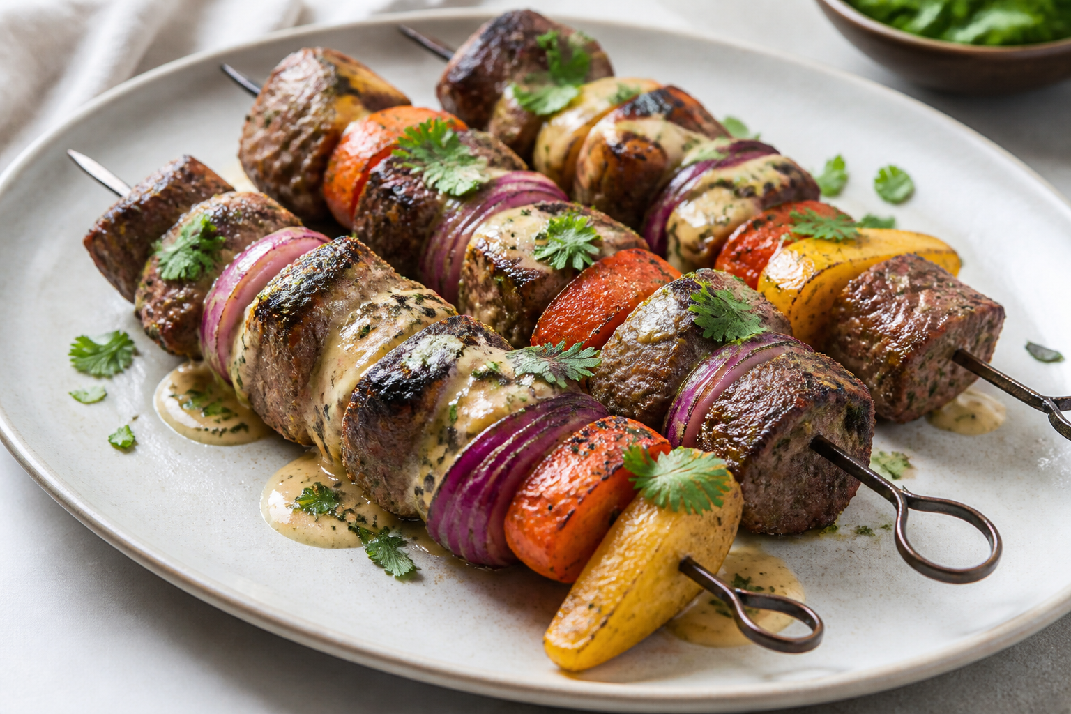 Brochetas de res a la parrilla con zanahoria arcoíris, cebolla morada y adobo de tahini, limón y comino