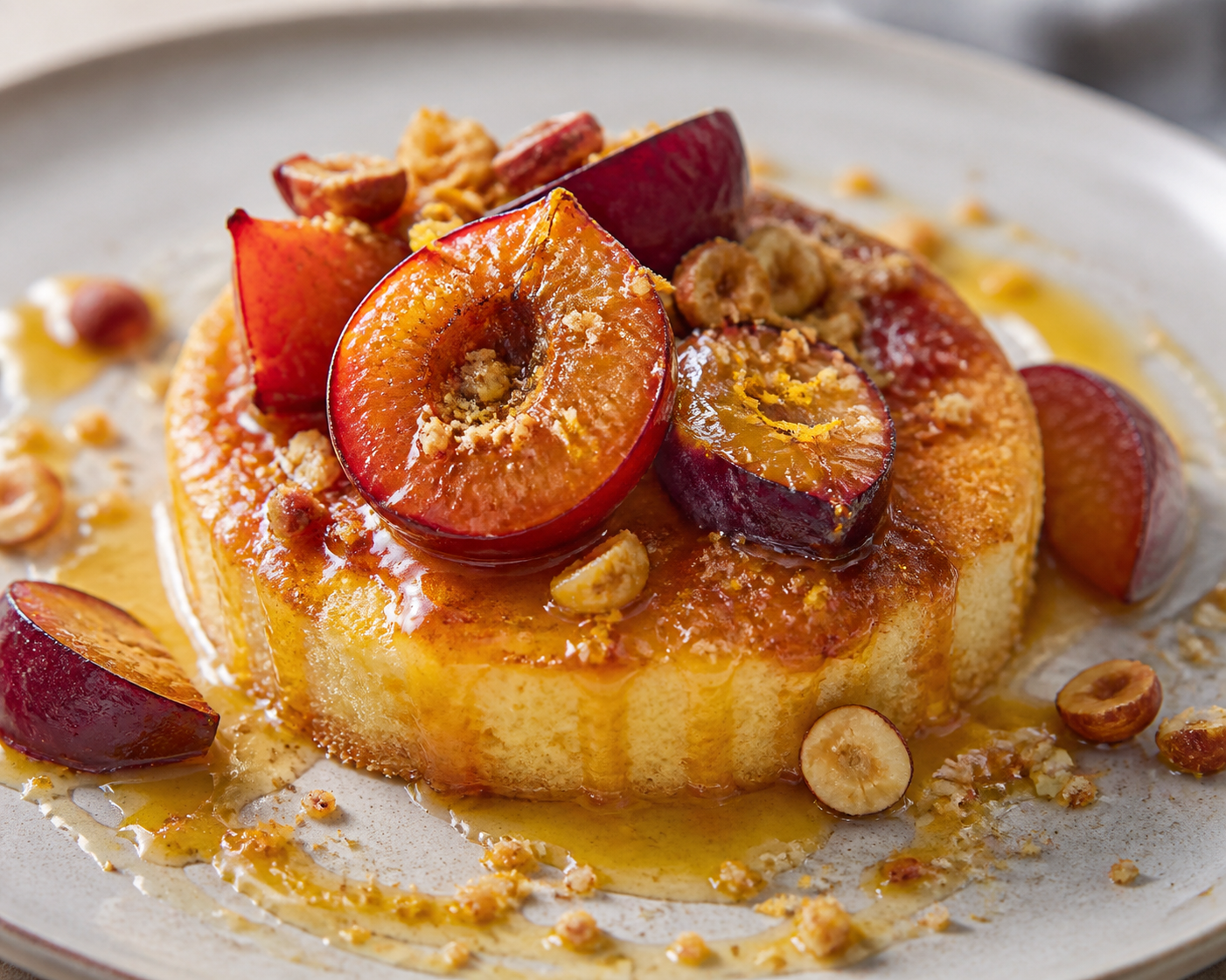 Warm Ricotta Citrus-Honey Cakes with Roasted Plums and Hazelnut Crumble