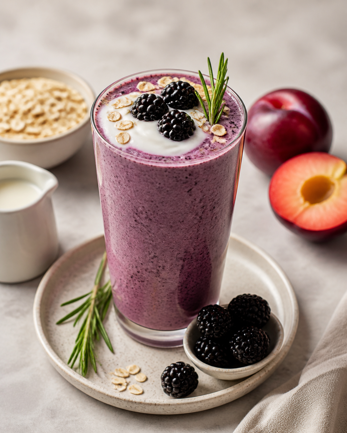 Batido Jardín Nocturno de Mora, Ciruela y Yogur con Romero y Avena