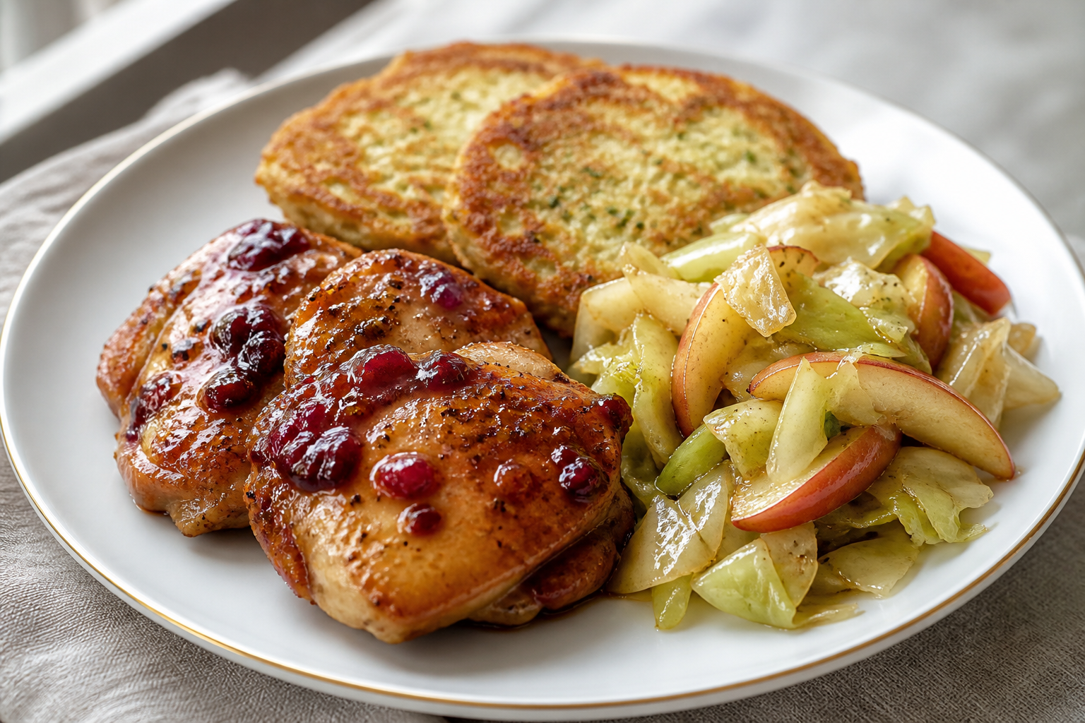 Skillet Chicken with Cranberry Mustard Glaze, Potato Chive Pancakes, and Sautéed Cabbage with Apple