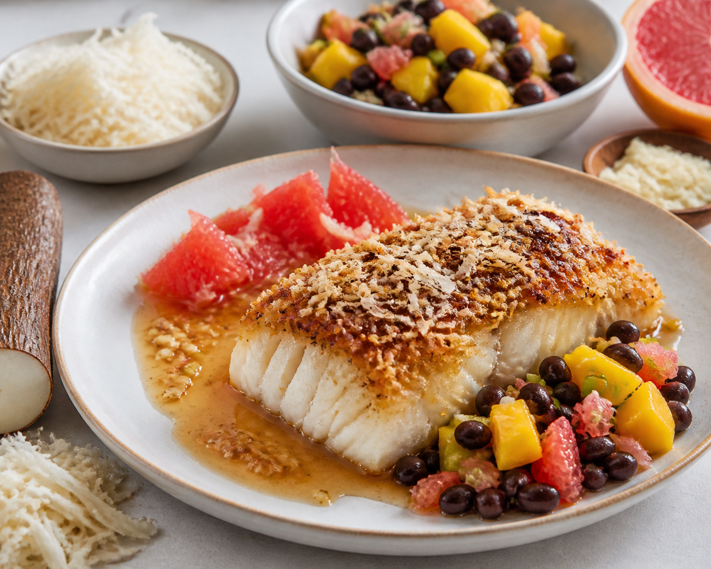 Bacalao Caribeño Asado con Costra de Cassava, Mojo Tibio de Toronja y Ensalada de Habichuelas Negras con Mango
