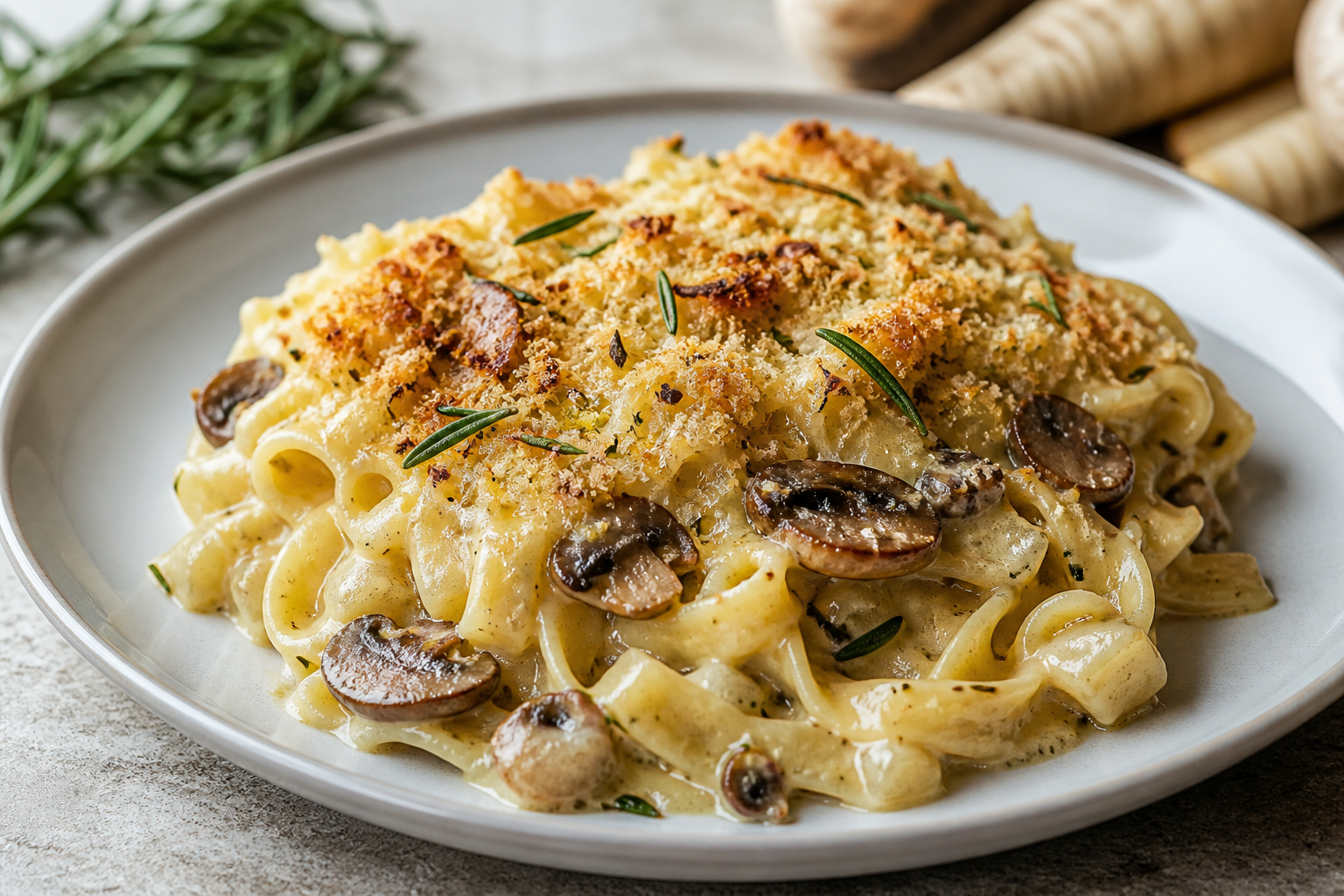 Tagliatelle al horno con crema de chirivía y limón, setas doradas y costra de parmesano con romero