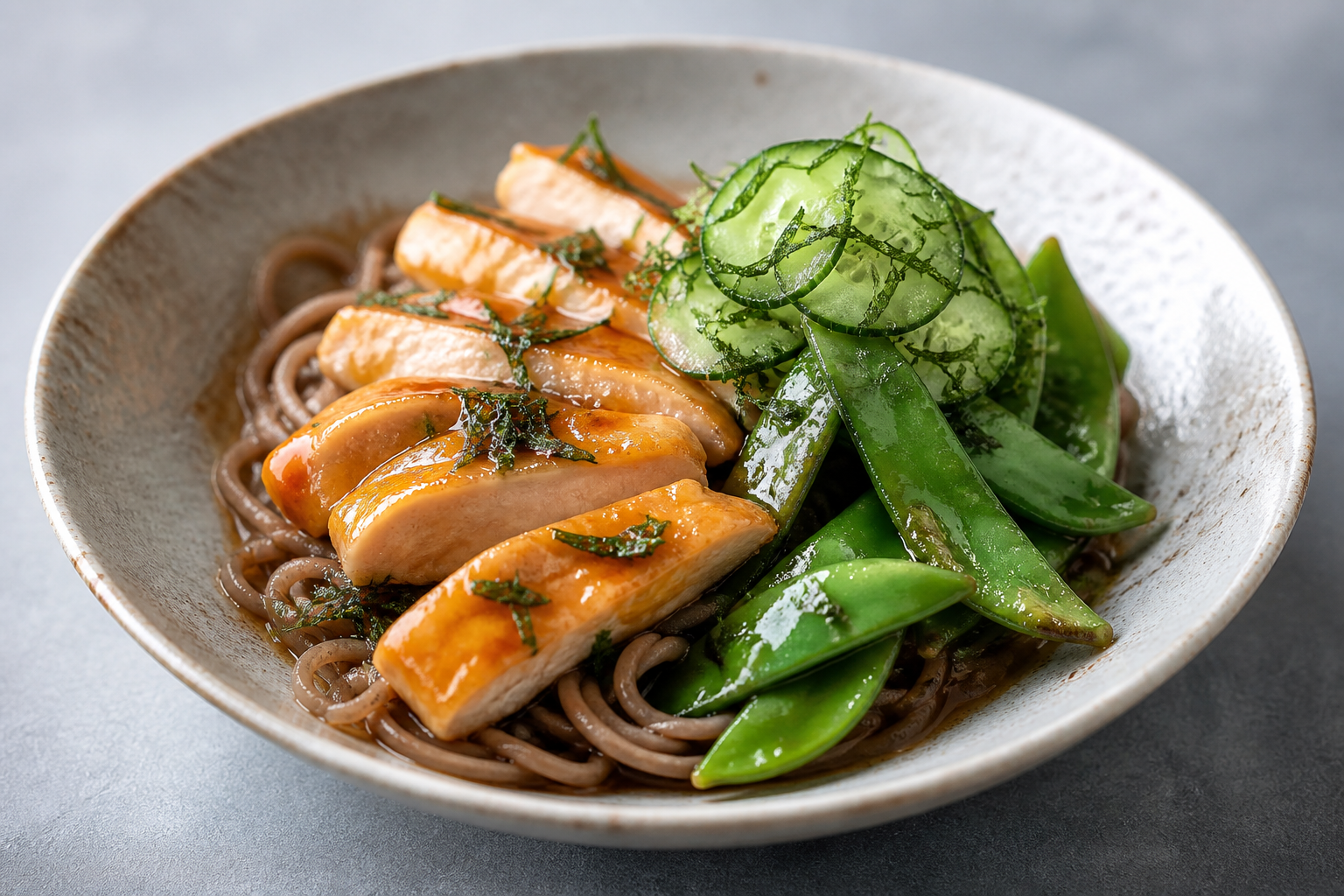 Fideos soba con pavo glaseado de miso blanco y mandarina, tirabeques al wok y pepino crujiente de shiso