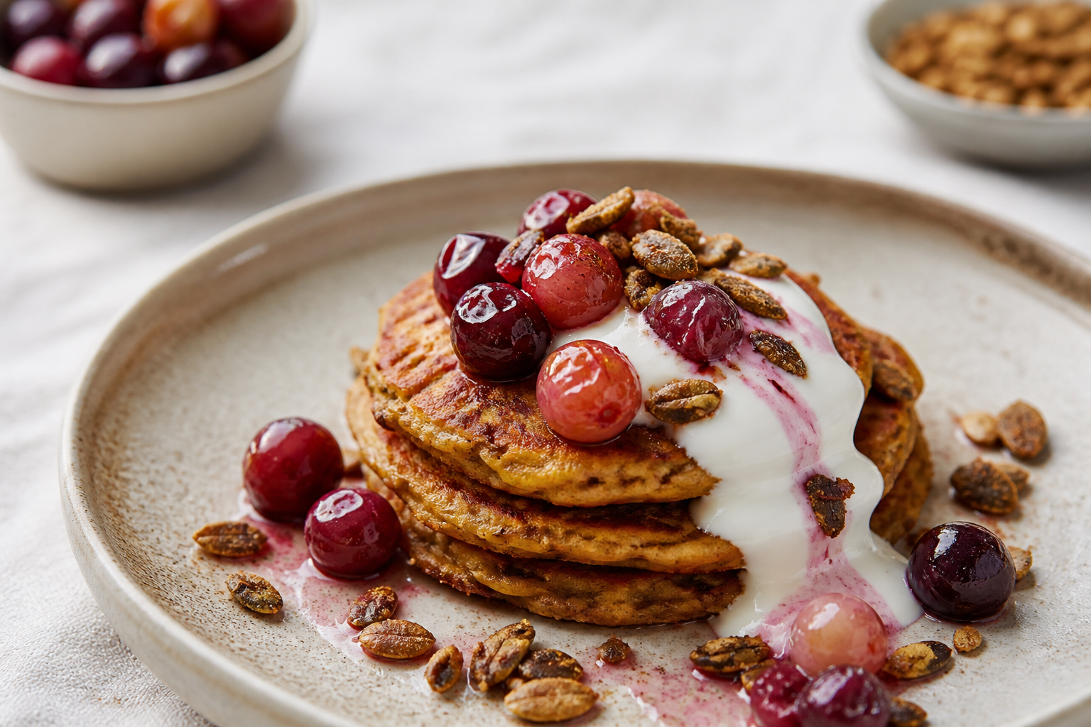 Tortitas de Camote y Cebada con Yogur Cítrico, Uvas Rostizadas y Pepitas a la Canela