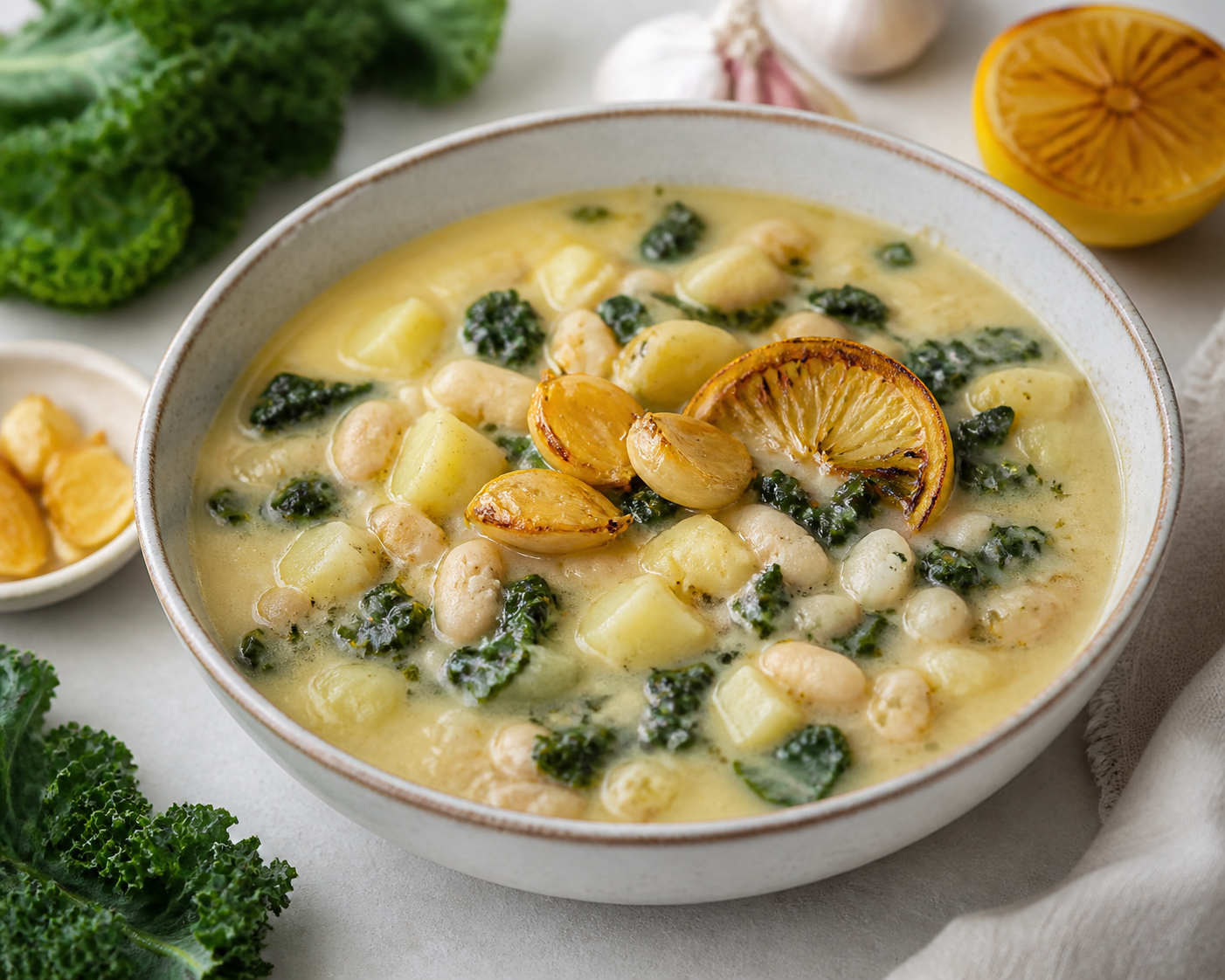 Sopa cremosa de boniato blanco, col rizada y alubias con ajo confitado y limón tostado
