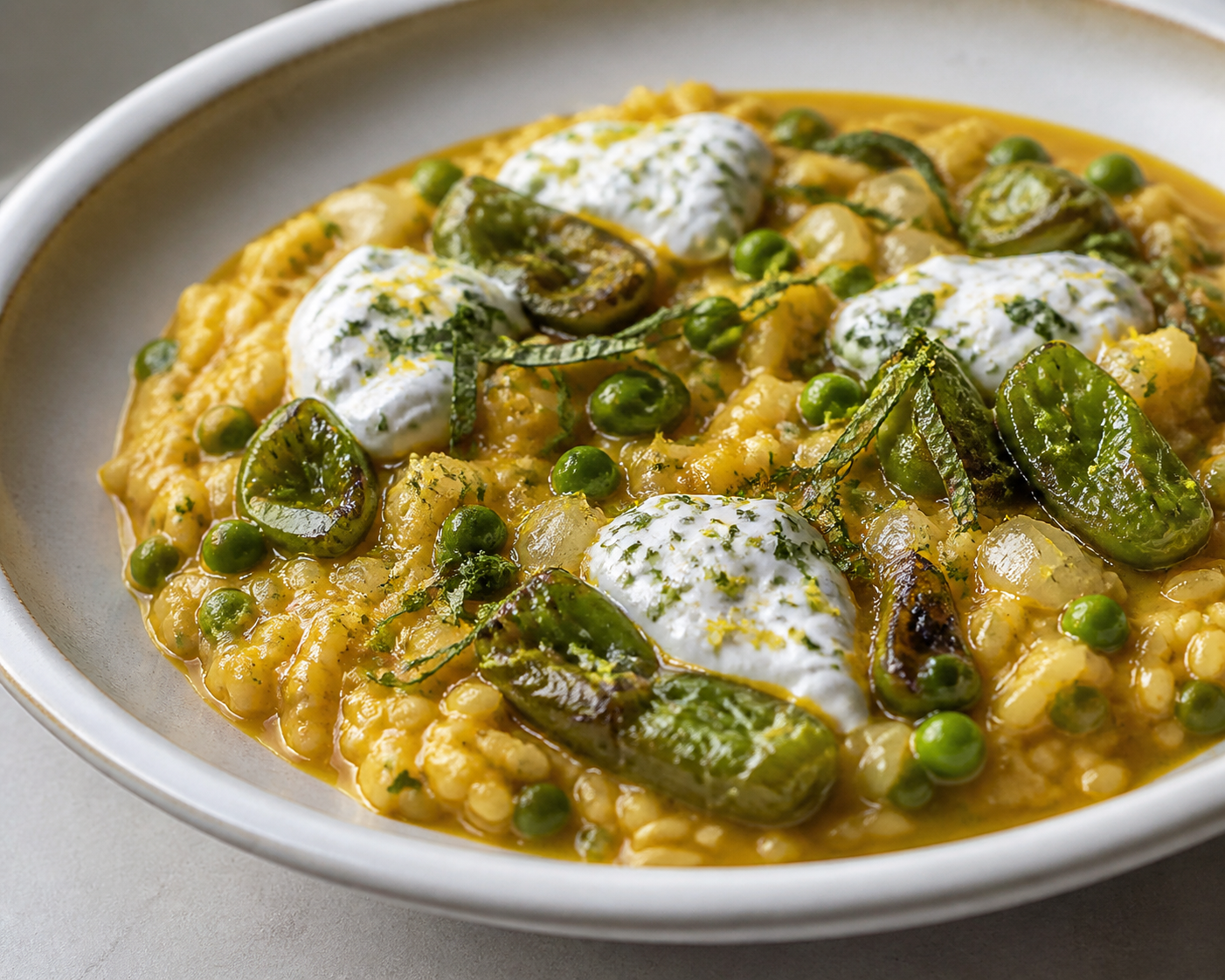 Arroz meloso de pimiento verde asado, guisantes tiernos y stracciatella de limón con menta