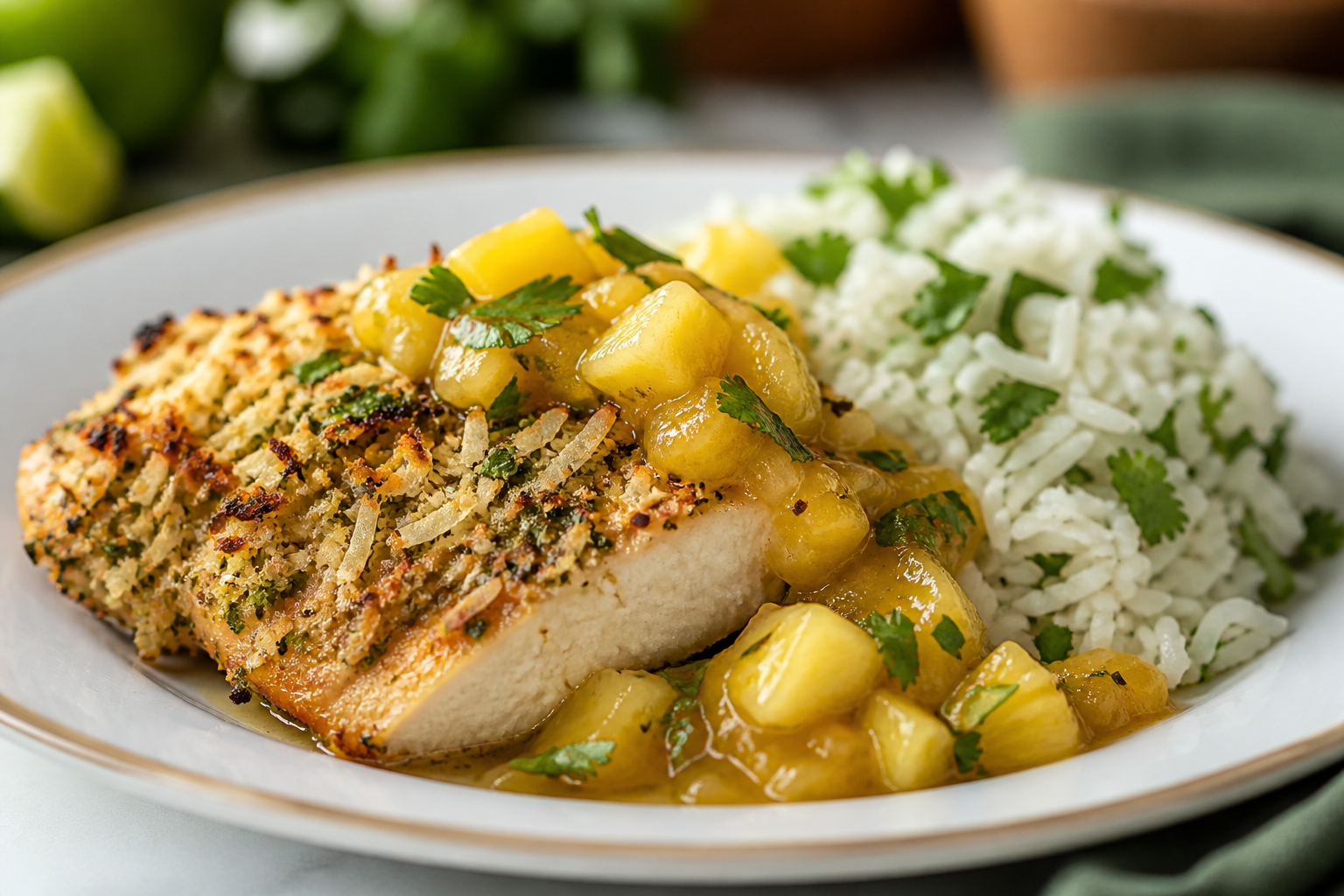 Pollo al horno con costra de coco y cilantro, salsa tibia de piña asada y arroz de lima
