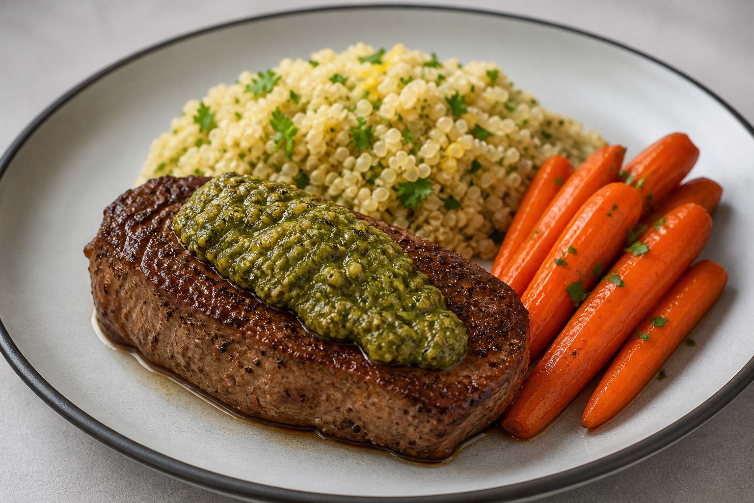 Beef Steak with Roasted Poblano Pumpkin Seed Sauce, served with Lemon Quinoa and Glazed Carrots