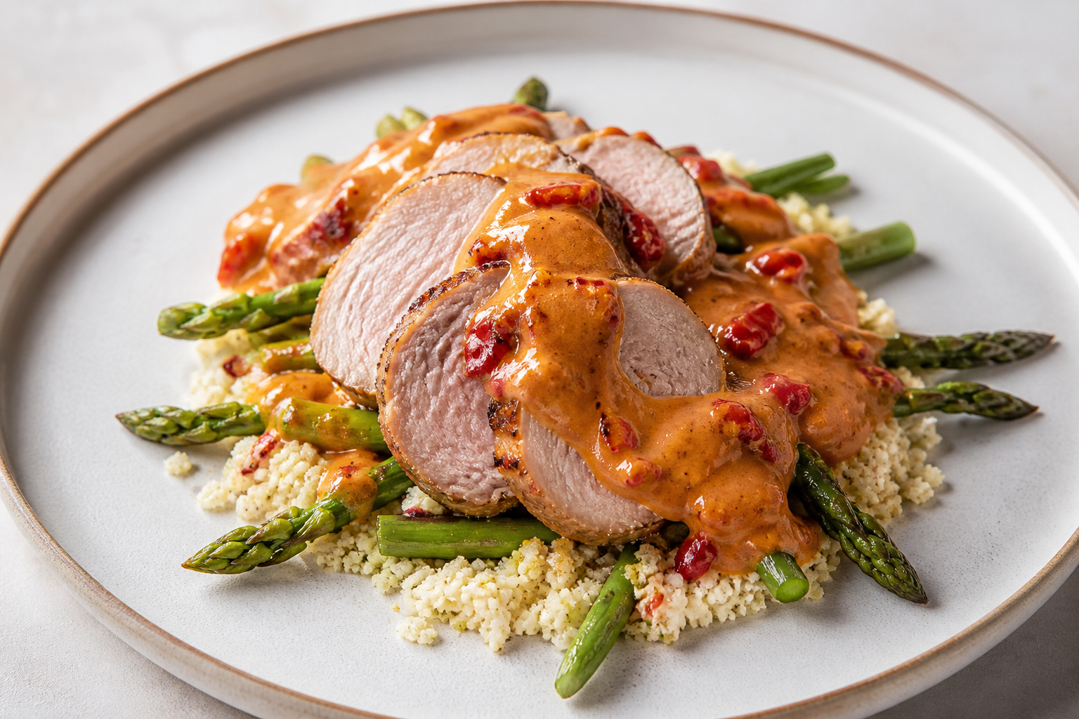 Pork Tenderloin with Piquillo Pepper, Almond and Saffron Sauce over Cauliflower Couscous and Sautéed Asparagus