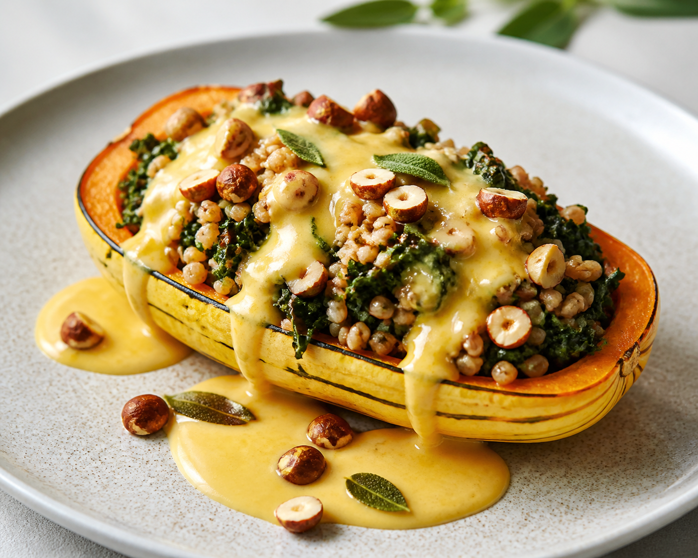 Calabaza delicata rellena de farro cremoso, col rizada al ajo y avellanas tostadas con salsa tibia de cheddar y salvia