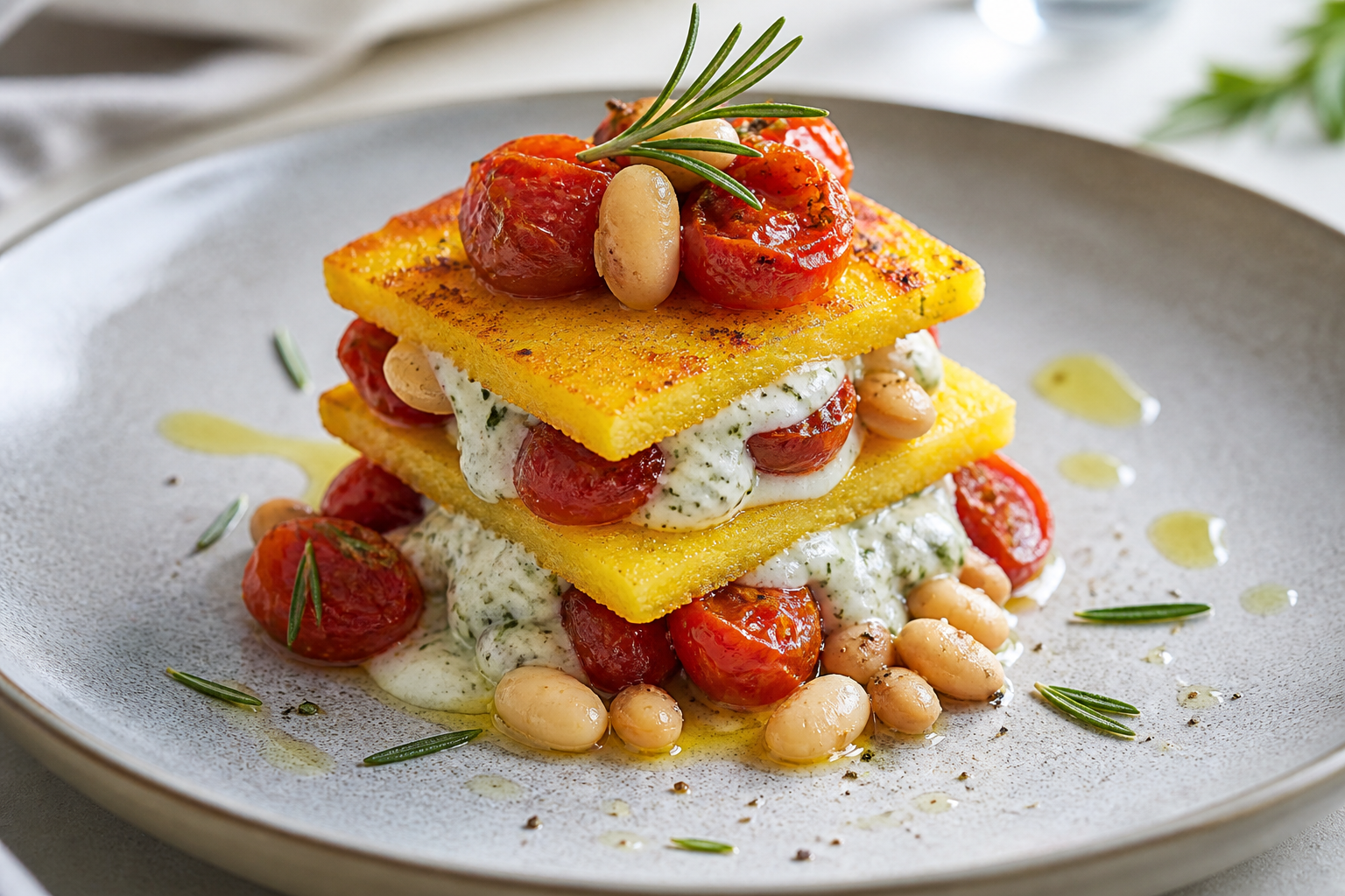 Milhojas de polenta crujiente con frijoles blancos al romero, tomates asados y crema de albahaca y limón
