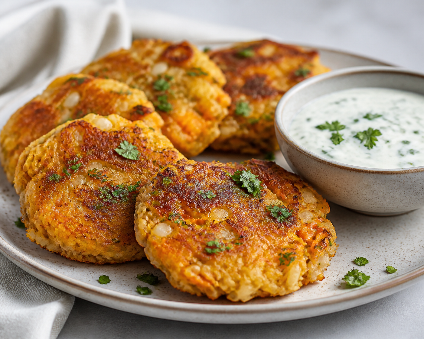 Buñuelos Económicos de Arroz, Zanahoria y Cebolla con Salsa de Yogur y Hierbas