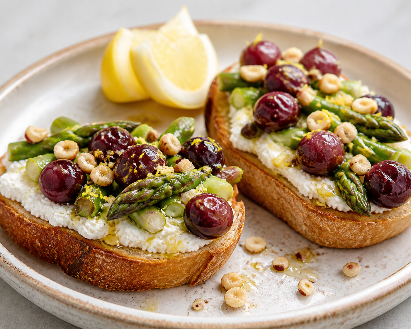 Tostadas exprés de ricotta al limón con espárragos crujientes, uvas rostizadas y avellana