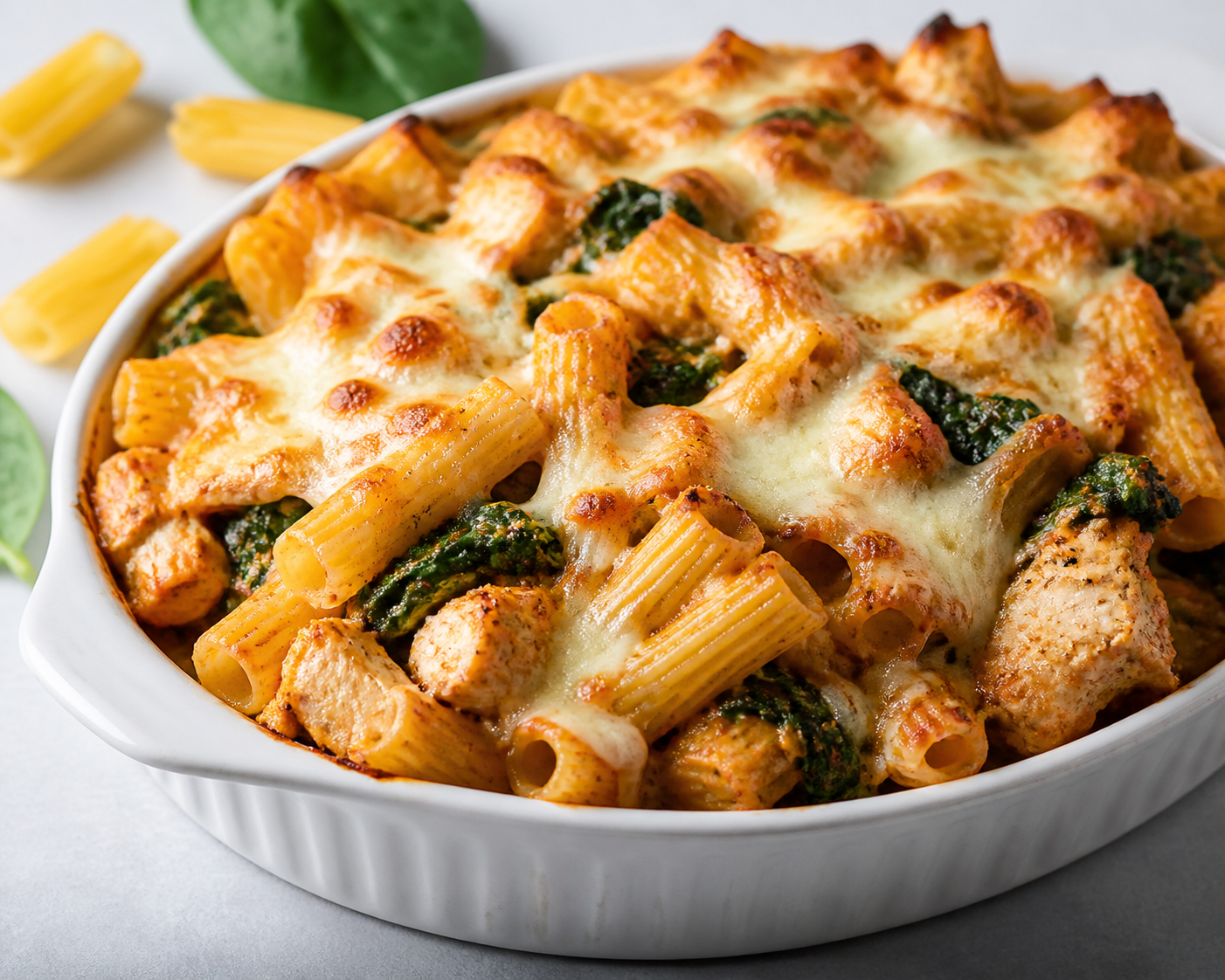 Family Rigatoni Gratin with Red Pesto Chicken, Spinach and Golden Mozzarella Crust