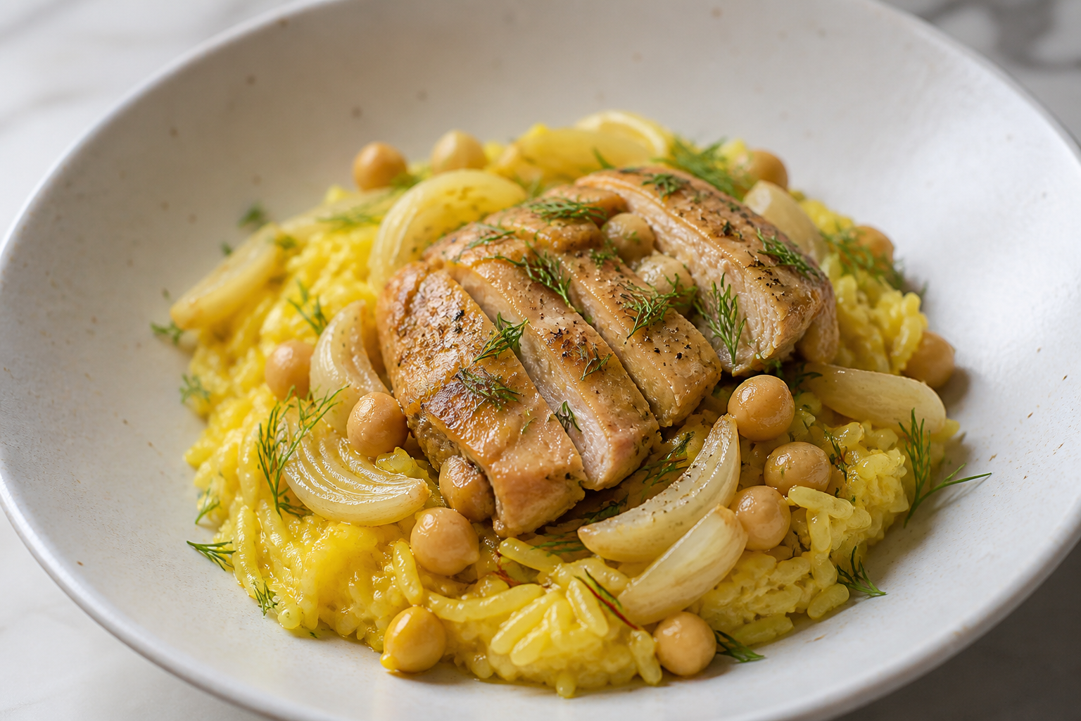 Pollo Instant Pot con hinojo, garbanzos y arroz meloso de azafrán y limón