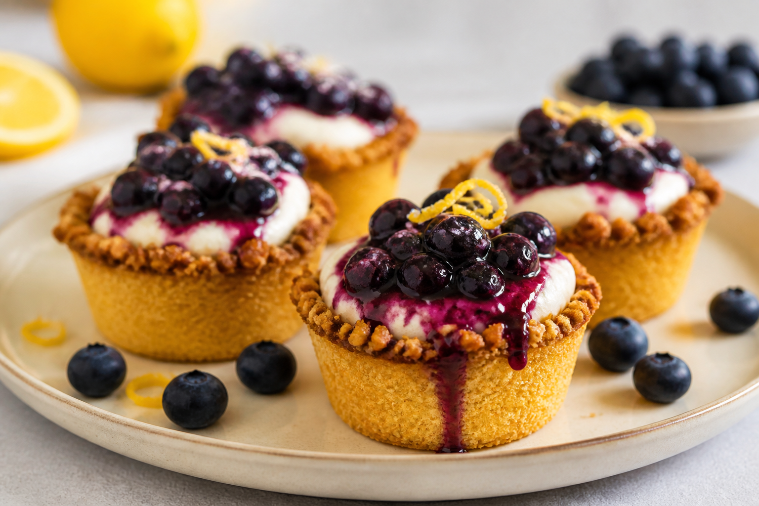 Warm sweet cornbread cups with vanilla cream, roasted blueberries, and pecan crust