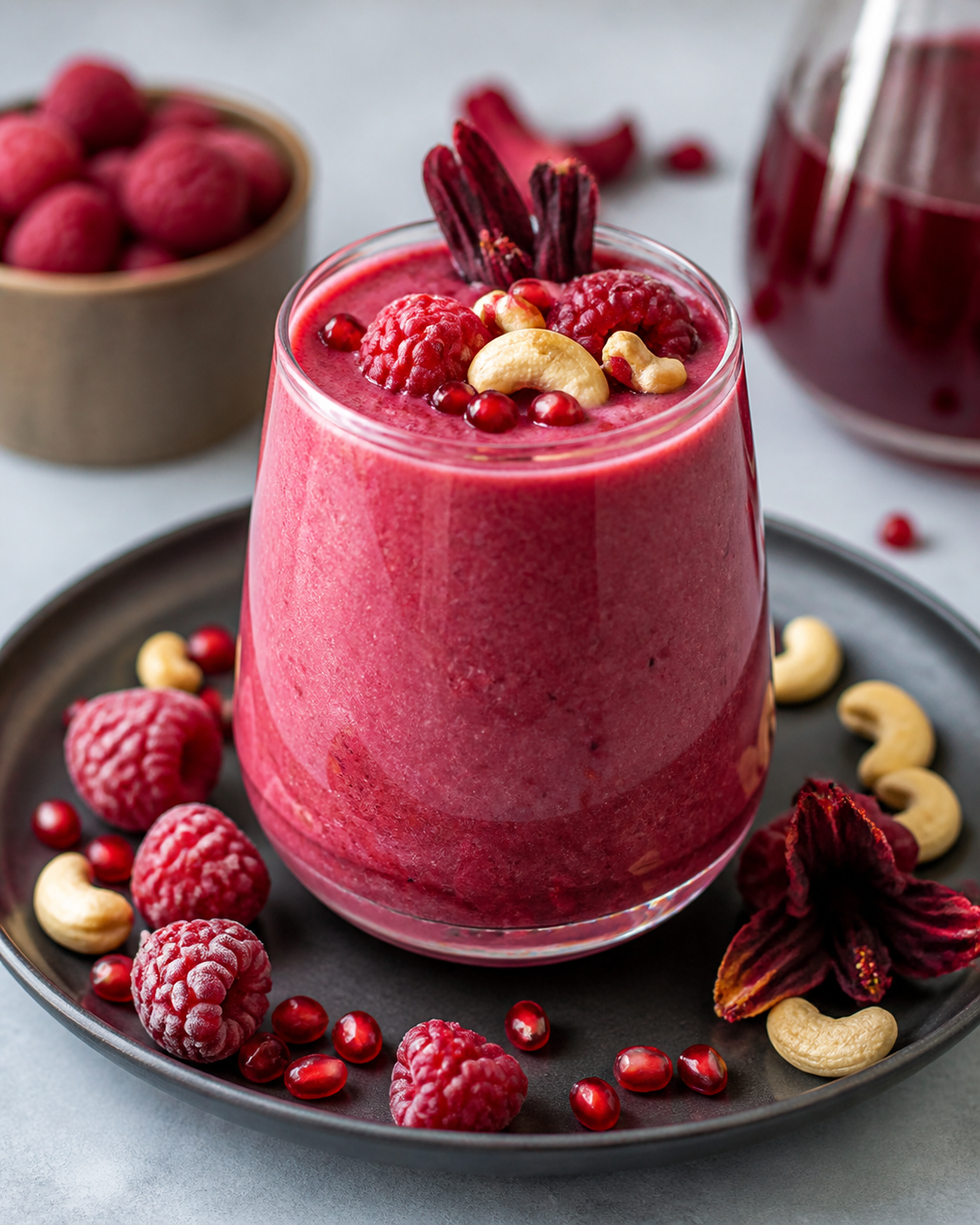 Crimson Breeze Smoothie with Raspberry, Pomegranate and Cashew, Hibiscus and Vanilla
