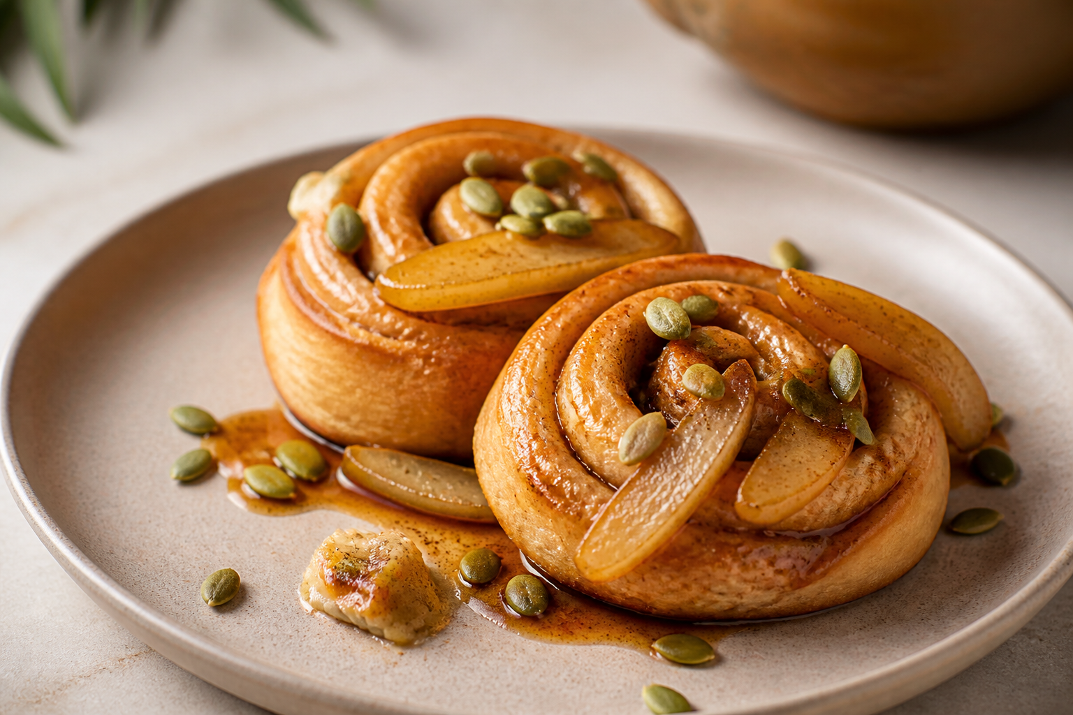 Bakery Spirals with Café de Olla Butter, Sautéed Pear, and Crunchy Pepitas