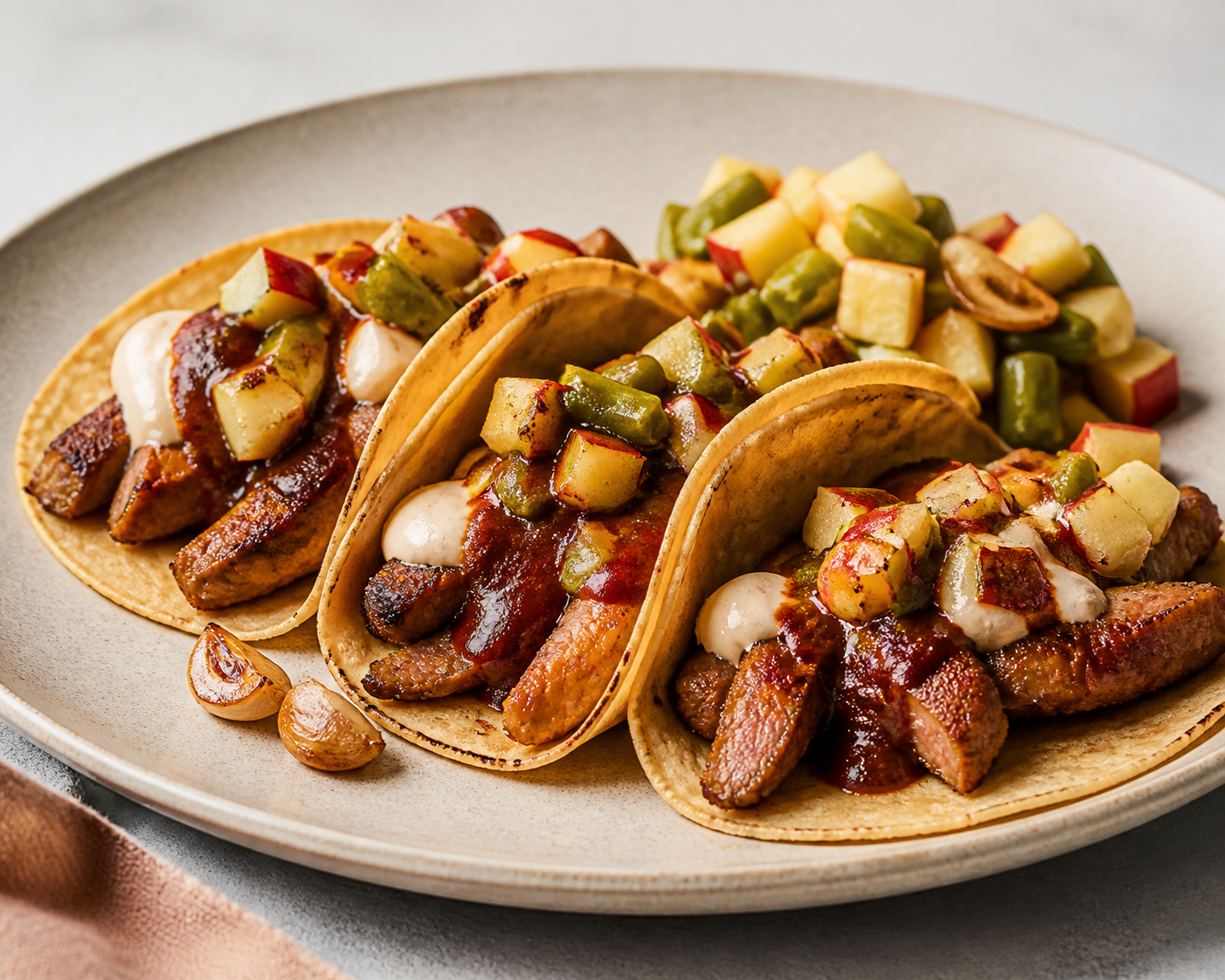 Pork Tacos with Mulato Chile Sauce, White Bean Cream, and Warm Apple-Nopal Salad