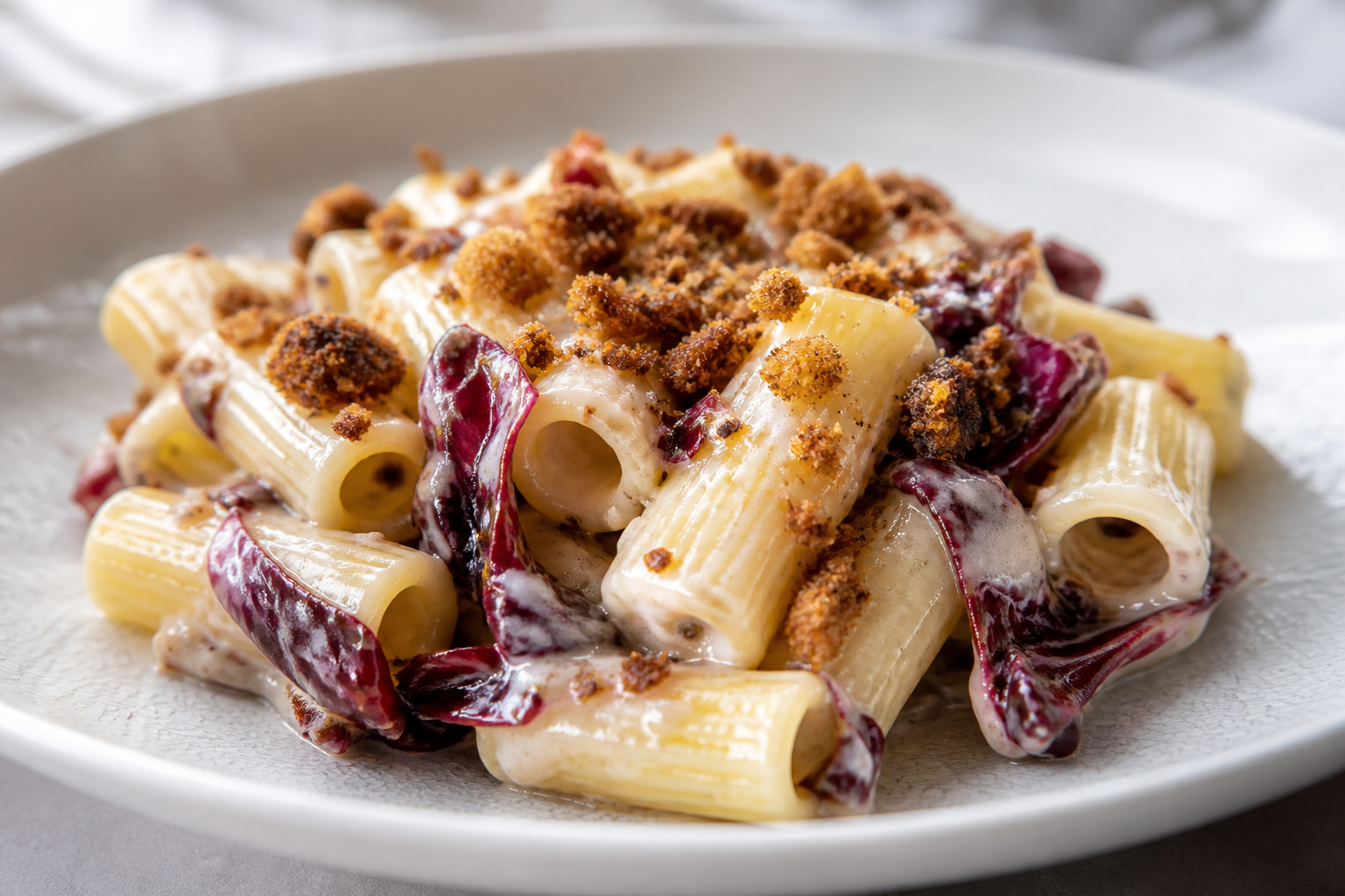 Creamy Rigatoni with Roasted Radicchio, Light Taleggio Fonduta and Crispy Rye-Thyme Crumbs