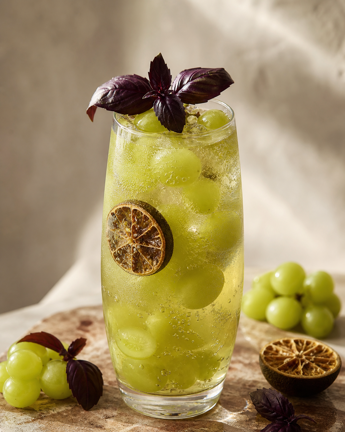 Soda helada de uva verde, lima seca y té sencha con albahaca morada