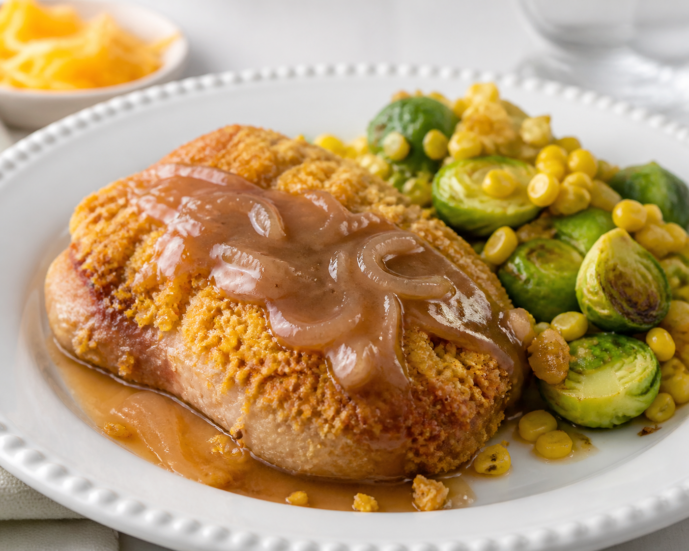 Pork Chops with Cheddar Cracker Crust, Cider-Onion Gravy, and Warm Corn Brussels Sprouts Hash