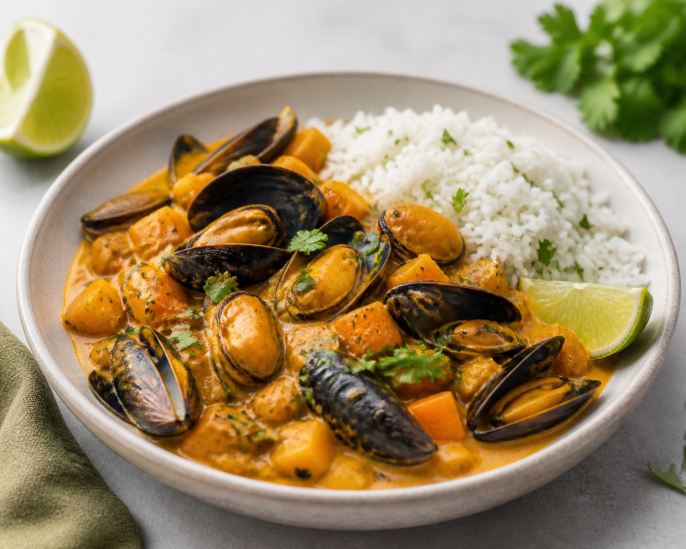 Caribbean Coconut Mussel and Pumpkin Stew with Cilantro Lime Rice