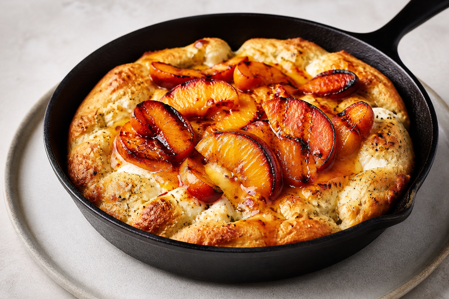 Skillet ricotta herb bread with charred peaches and mild chili honey