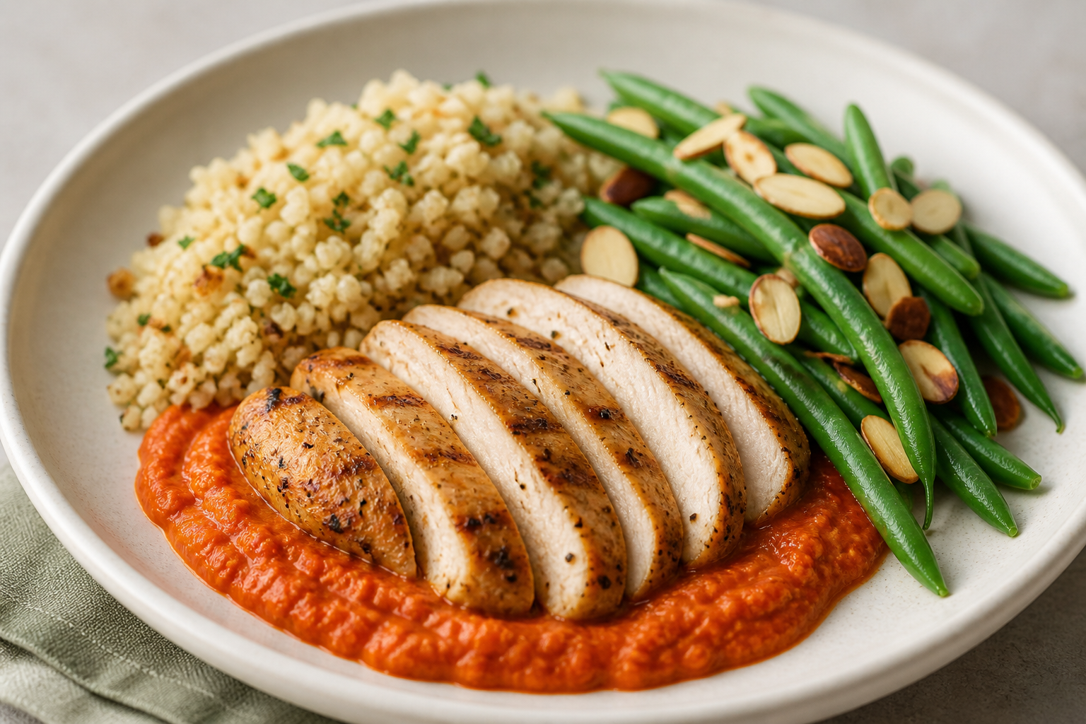 Sartén de pavo al romesco suave con arroz de coliflor tostada y judías verdes almendradas