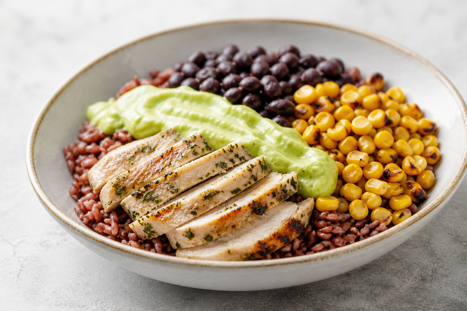 Warm Cilantro-Lime Turkey Bowl with Red Rice, Charred Corn, and Avocado Cream