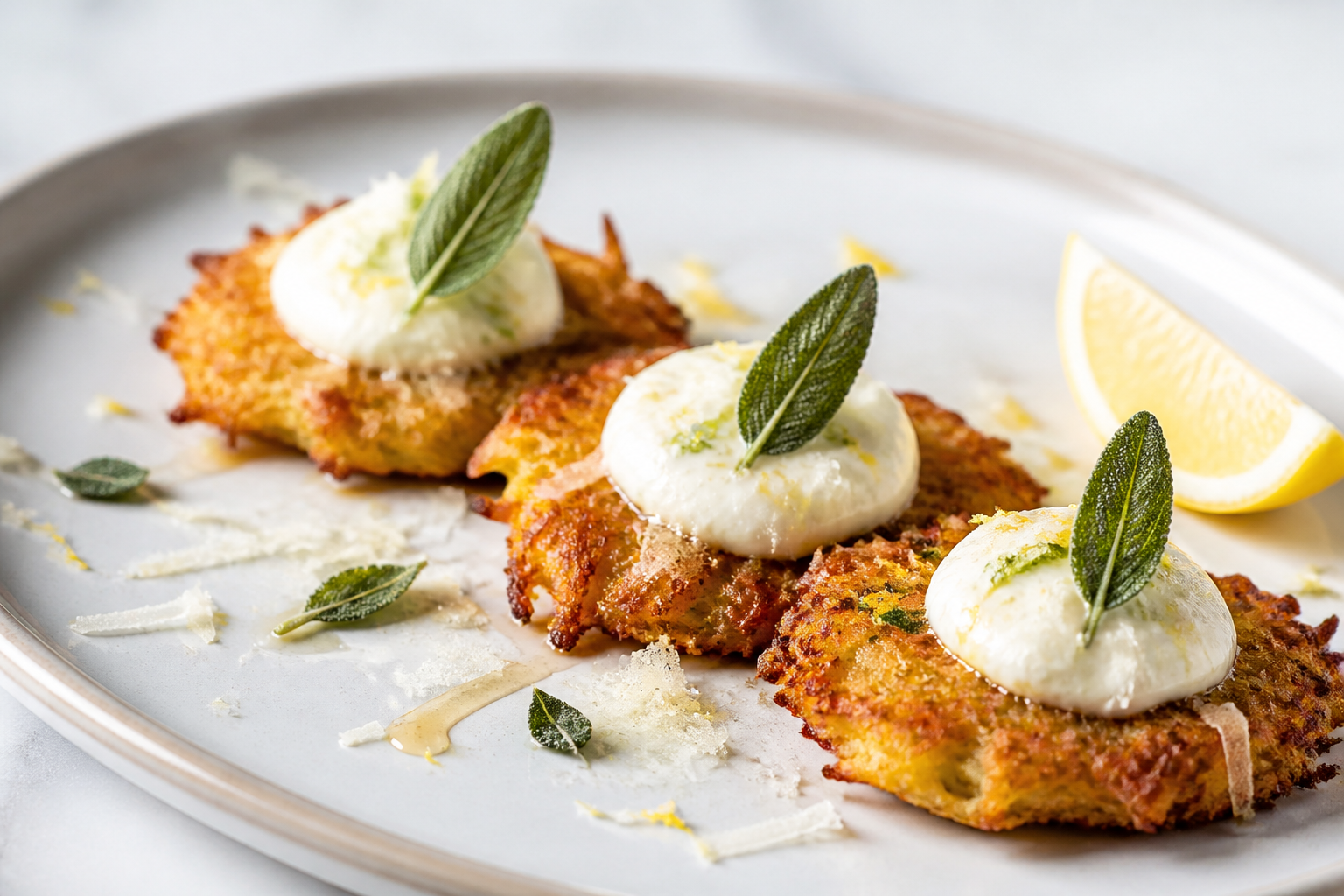 Crispines de colinabo, parmesano y salvia con crema de yogur al limón y miel