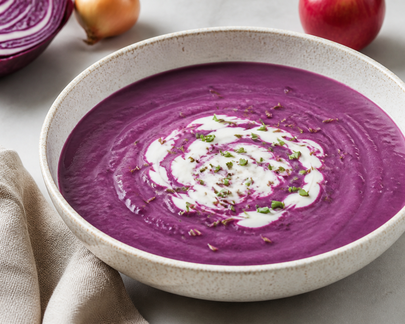 Sopa cremosa de col lombarda, patata y manzana con alcaravea y yogur de cebollino