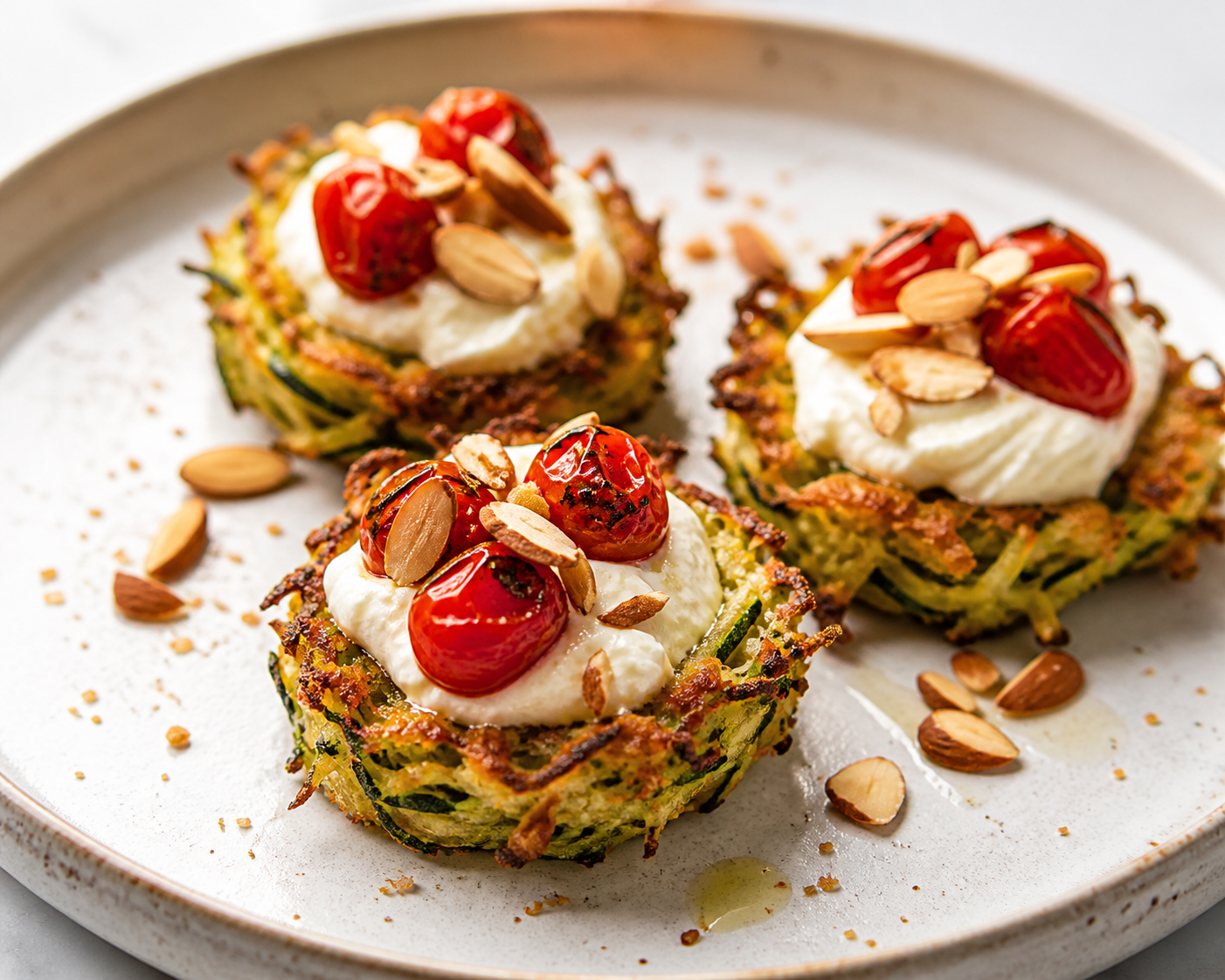 Crispy zucchini and parmesan nests with lemon ricotta cream, roasted cherry tomatoes, and toasted almonds