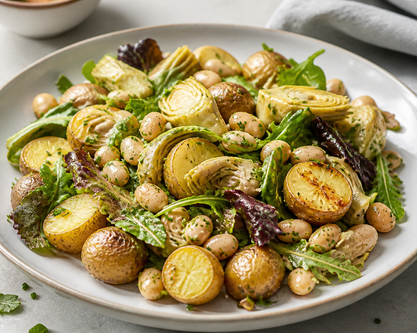 Ensalada tibia de patata asada, alcachofas salteadas, judías blancas crujientes y aliño cremoso de mostaza, limón y cebollino