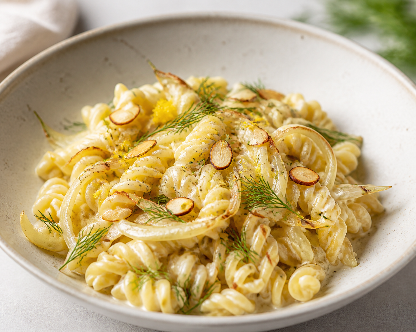 Fusilli cremosos de hinojo dorado, limón y ricotta con almendra tostada y eneldo