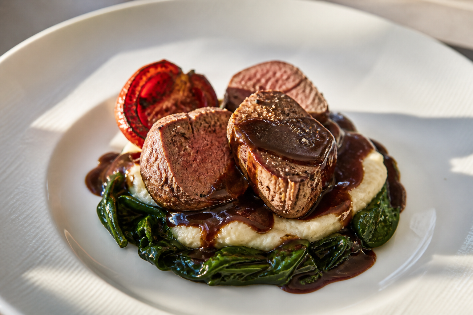 Beef Medallions with Charred Tomato, Cocoa and Cinnamon Sauce, over Yuca Purée and Garlic Swiss Chard